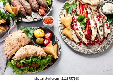 Lebanese food assortment on light background. Traditional food concept. copy space