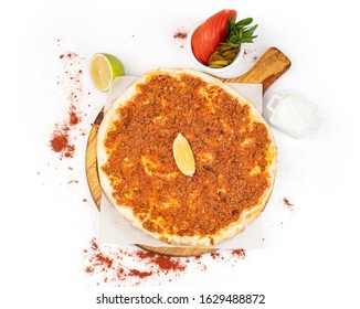 Lebanese Manoushe ,Flatbread Of Kishk, Served With Tomatoes And Veggies; Lebanese Kishk Manouche