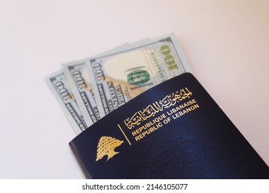 Lebanese Passport Next To Lebanese Lira Money On A White Background, Lebanon, Beirut, Tripoli, Lebanese Lira, Dollar, Crisis, Passport Crisis, Lebanese Crisis.