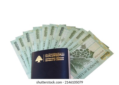 Lebanese Passport next to Lebanese Lira money on a white background, Lebanon, Beirut, Tripoli, Lebanese Lira, Dollar, Crisis, Passport Crisis, Lebanese Crisis.