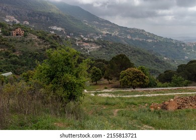 Lebanese Southern Mountain Land Green Spring Field natural view with Clouds fog