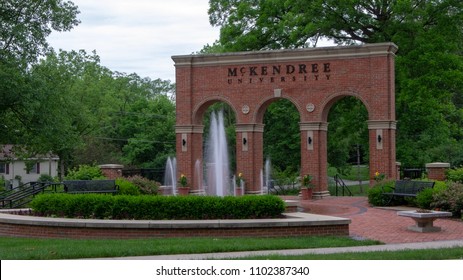 Lebanon, IL—May 29, 2018 Fountain Spraying Water At The Entrance Marker To Local College. Located In Southern Illinois, McKendree University Is The Oldest In The State.