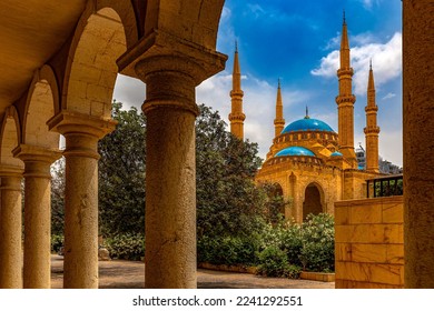 Lebanon. Beirut, capital of Lebanon. Cloisters of Saint George Greek Orthodox Cathedral. There is Mohammad Al-Amim Mosque in the background