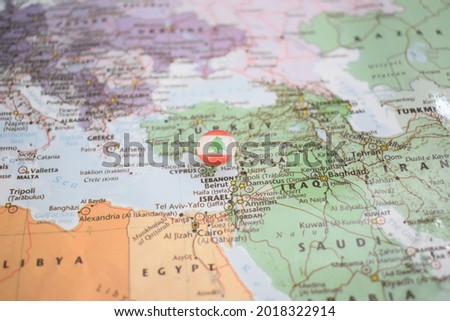 Lebanon flag drawing pin on the map