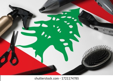 Lebanon Flag With Hair Cutting Tools. Combs, Scissors And Hairdressing Tools In A Beauty Salon Desktop On A National Wooden Background.