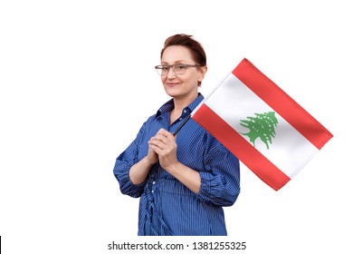 Lebanon Flag. Woman Holding Lebanon Flag. Nice Portrait Of Middle Aged Lady 40 50 Years Old Holding A Large Flag Isolated On White Background.