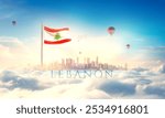 Lebanon national flag blowing in beautiful clouds with modern skyline buildings. The flag with hot air balloon in the sky. Lebanon national flag for independence day.