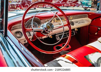 Lebanon, TN - May 13, 2022: Low Perspective Interior Detail View Of A 1956 Pontiac Safari Station Wagon At A Local Car Show.