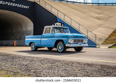 Lebanon, TN - May 14, 2022: Wide Angle Front Corner View Of A 1962 Chevrolet C10 Pickup Truck Leaving A Local Car Show.