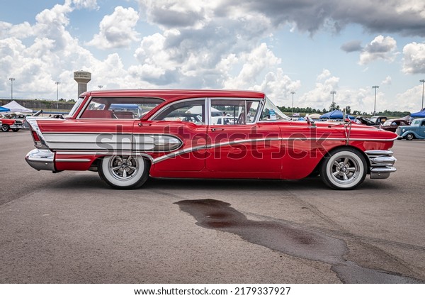 Lebanon,TN - May 14,\
2022: Low perspective side view of a 1958 Buick Special Estate\
Wagon at a local car\
show.