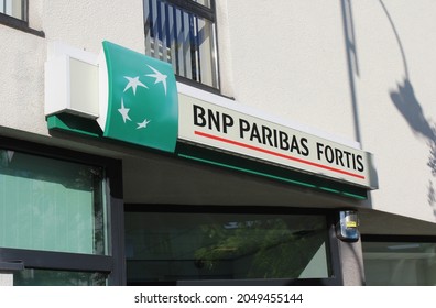 LEBBEKE, BELGIUM, 25 AUGUST 2021: Exterior View Of A Branch Of BNP Paribas Fortis High Street Banks. It Is Currently The Largest Bank In Belgium.