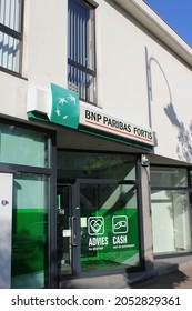 LEBBEKE, BELGIUM, 25 AUGUST 2021: Exterior View Of A Branch Of BNP Paribas Fortis High Street Banks. It Is Currently The Largest Bank In Belgium.