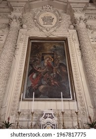 Lecce, Puglia, Italy - February 16, 2020: Altarpiece With A Valuable Painting By Serafino Elmo, Depicting The Virgin With Child And Saints In The Catholic Church Of Jesus, The Historic Center.