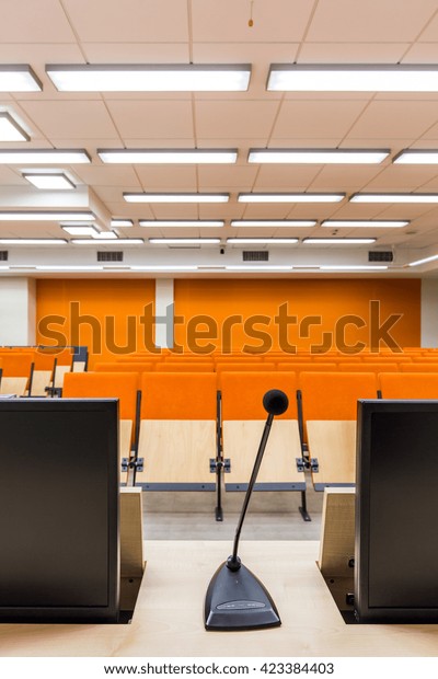 Lecture Hall Seen Behind Desk Microphone Stock Photo Edit Now