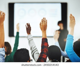 Lecture, hands and student with question, back and learners in university. Presentation, class and equation for group of people with query for teacher, scholar and learn on campus for education