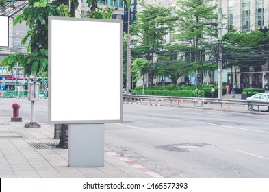 Led Blank Billboard White Screen Side Road In City. Ad Mockup Copy Space For Advertising Banner Near Bus Stop In Metropolis.