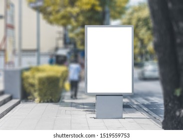 Led Blank Billboard White Screen Side Road In City. Ad Mockup Copy Space For Advertising Banner Near Bus Stop In Metropolis.