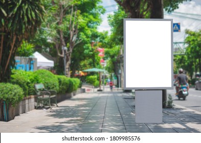 Led Blank Billboard White Screen Side Road In City. Ad Mockup Copy Space For Advertising Banner Near Bus Stop In Metropolis.