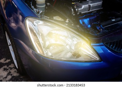 LED Car Headlight System Macro View Of Modern Blue Car Xenon Lamp Headlight 