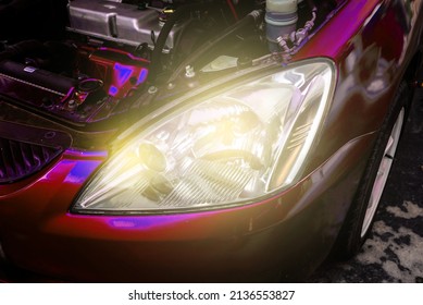 LED Car Headlight System Macro View Of Modern Blue Car Xenon Lamp Headlight 