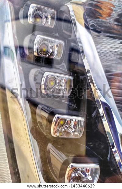 Led car headlights. Headlight detail. Closeup.\
.Selective focus.\
