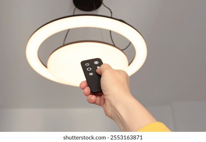 LED ceiling light with smart remote control. Energy saving. Clean planet and environmental protection. 
