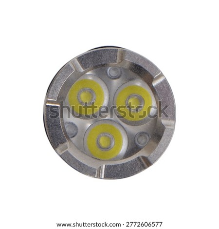 LED flashlight front view isolated on white background. Metal handheld tool with three bright circular lamp diode elements. Industrial equipment for illumination and outdoor gear.