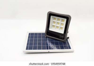 LED Floodlight Solar Cell . Outdoor Solar Cell LED Flood Light On White Background