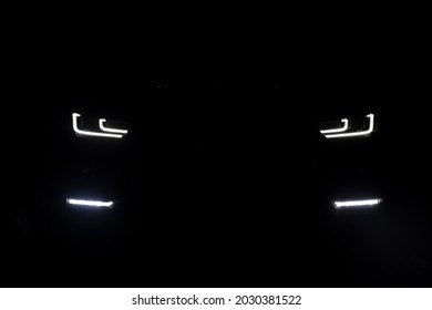 Led Headlights Of A Modern Premium Car In Dark