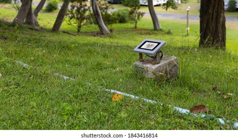 LED Landscape Lighting On The Grass In The Garden.