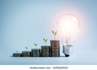 LED light bulbs and stacking of money coins with plants growing on top, ideas for energy saving, money save, banking business concepts, investments, funds, bonds, dividends and interest.