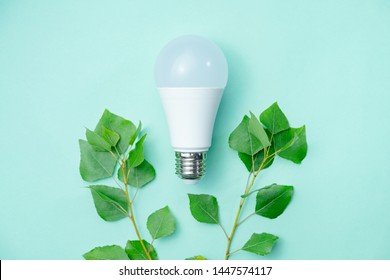 Led lightbulb and green leaves - energy saving concept. Abstract image symbolizing environmental awareness and economical usage of electricity