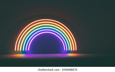 The Led Neon Rainbow Shines In The Dark Room