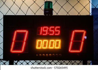 LED Score Board Panel In The Indoor Soccer Field At The Night Time