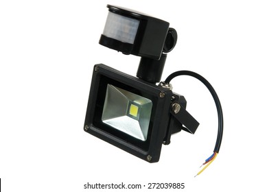 Led Spotlight With A Motion Detector Is Isolated On The White Background