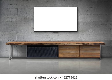 Led Tv On Hard Concrete Wall With Wooden Table Living Room Modern Loft Style