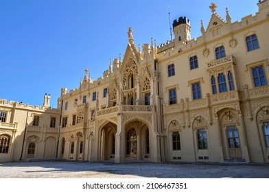 Lednice Castle in South Moravia in the Czech Republic. An important historical monument, the castle belonging to the Liechtensteins in the summer with a blue sky.