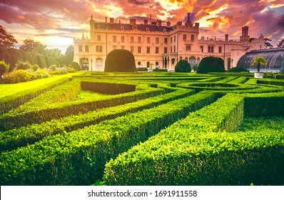 Lednice Chateau with beautiful gardens and parks on sunny summer day.  Lednice-Valtice  Landscape, South Moravian region. UNESCO World Heritage Site.