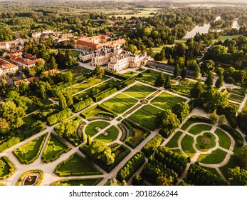 Lednice Chateau with beautiful gardens and parks on sunny summer day. Lednice-Valtice Landscape, South Moravian region. UNESCO World Heritage Site.