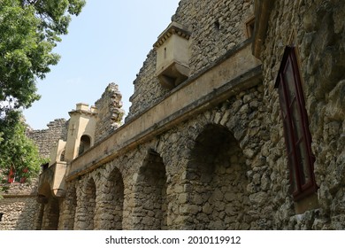 Lednice-Valtice area. The ruins of the castle Janohrad. Walls with a gallery. An artificial ruin of a medieval castle on the edge of the Lednice-Valtice area, built in 1801. 