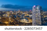 Leeds City Centre Aerial View of the city centre at dusk showing retail, offices and residential buildings including the train station. Leeds in West Yorkshire England, Europe. 