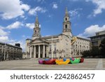 Leeds Civic Hall overlooking Millennium Square with rainbow art