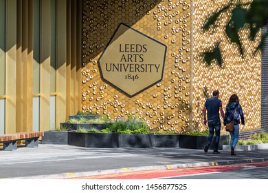 Leeds / England - July, 06,2019: Leeds Art University  Sign People Walking By