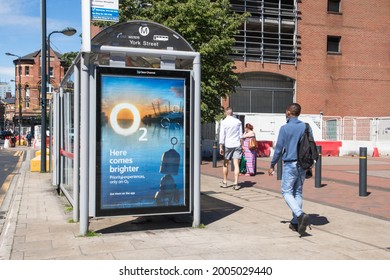 Leeds, Great Britain - June 9th, 2021 : O2 Mobile Phone Poster Advert On The Side Of A Bus Stop