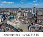 Leeds, Millennium square  looking north towards the university and arena. Aerial view of the northern city in the United kingdom