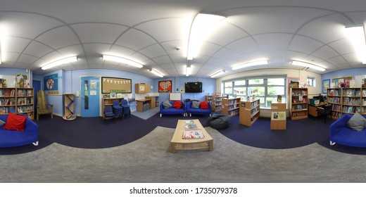 Leeds UK, 10th May 2020: 360 Degree spherical panorama sphere photo  of the  Kippax Ash Tree Primary School showing the British class room library 