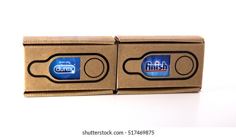 LEEDS, UK - 17 NOVEMBER 2016.  Amazon Dash Buttons In Original Packaging