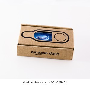 LEEDS, UK - 17 November 2016.  Photograph Of An Amazon Dash Button For Durex Condoms.