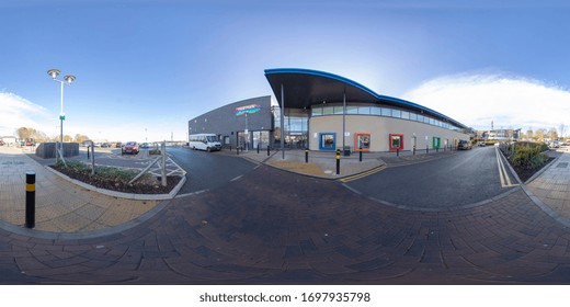 Leeds UK, 19th Nov 2018: 360 Degree Panoramic Sphere Photo Of The Holt Park Leisure Centre In The Town Of Leeds West Yorkshire UK Showing The Parking Lot And Entrance Of The Main Building