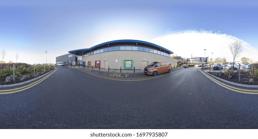 Leeds UK, 19th Nov 2018: 360 Degree Panoramic Sphere Photo Of The Holt Park Leisure Centre In The Town Of Leeds West Yorkshire UK Showing The Parking Lot And Entrance Of The Main Building